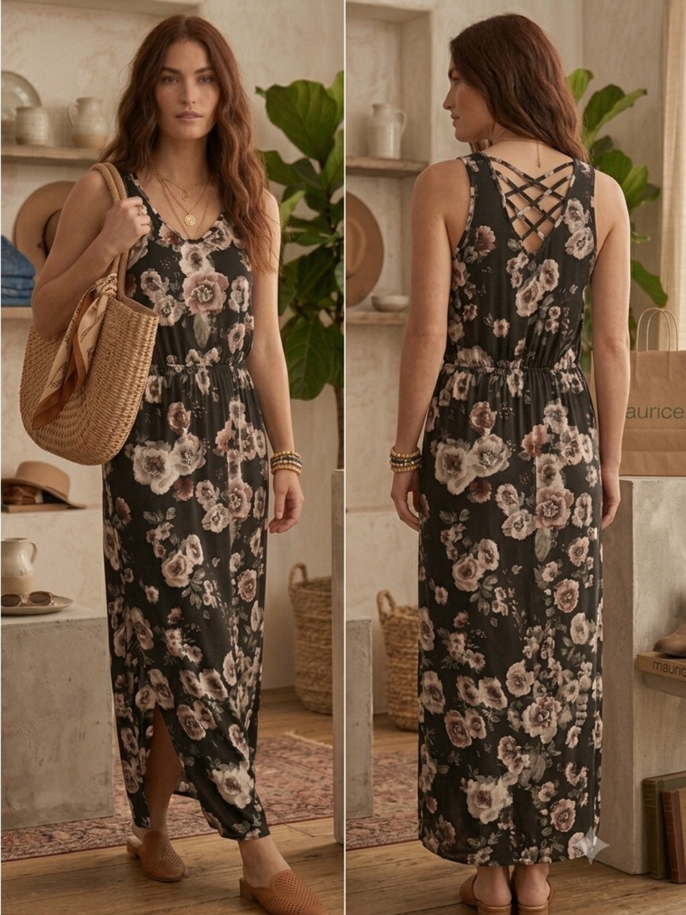 Maurices Bohemian Black Floral Strappy Maxi Dress Slit Small Feminine Romantic